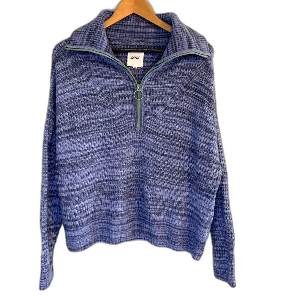 Aerie 1/4 Zip Sweater Oversized Blue Stripe Cozy Boxy Slouchy Sz Medium